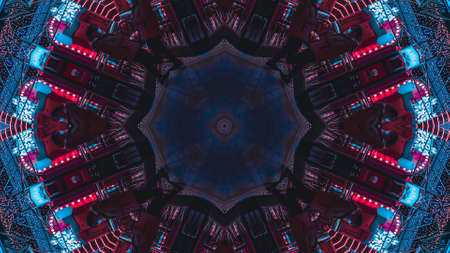 abstract blue and red glow technology future kaleidoscope background, shades of black, square and lineの写真素材