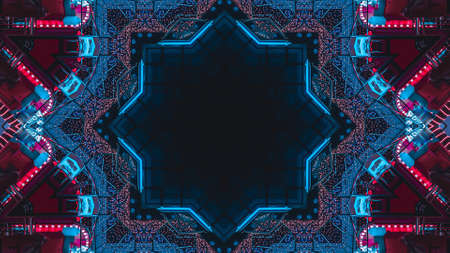 abstract blue and red glow technology future kaleidoscope background, shades of black, square and lineの写真素材