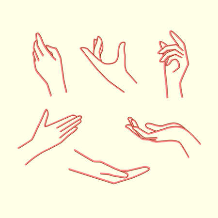 illustration of women's hands with various gestures for beauty, facial health, women's care etcのイラスト素材