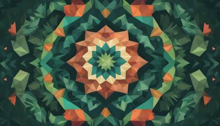gorgeous star-shaped kaleidoscope background of a rocky green forest abstracted with its beautyの写真素材