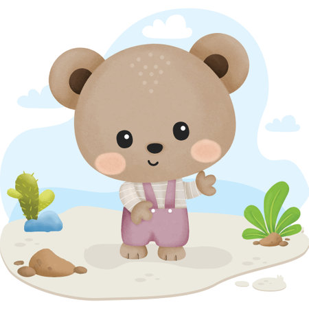 cute bear and bear on the beach in the summer, vector illustrationのイラスト素材