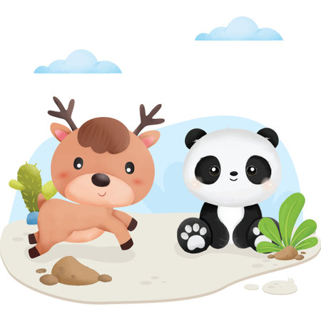 Illustration of Cute Panda and Deer  Best Friendsのイラスト素材