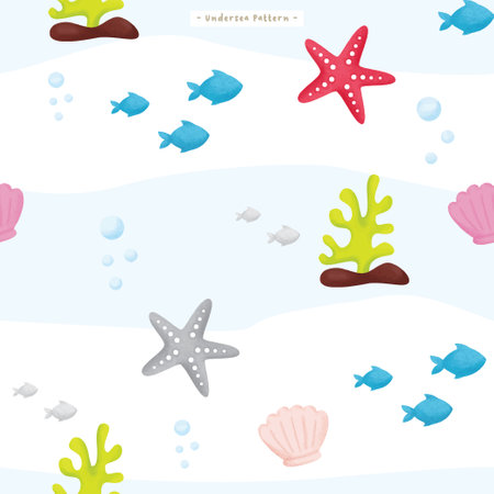 Seamless pattern with sea animals, shells and seaweed.のイラスト素材