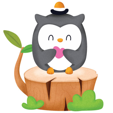 Cute Owl sitting on a stump. Vector illustration on white background.のイラスト素材