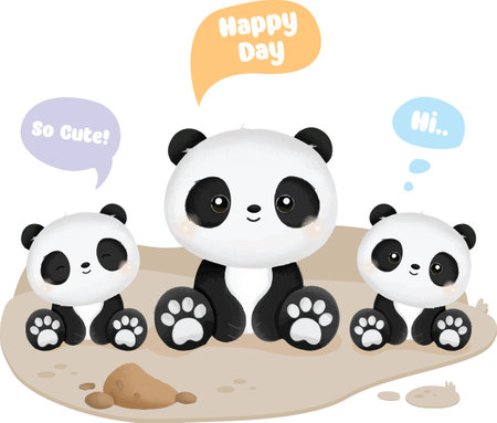 Illustration of Cute Panda Family with Speech Bubbles and Textのイラスト素材