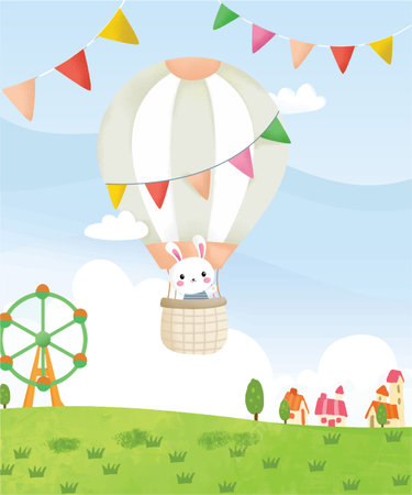 rabbit flying on hot air balloon in the sky. vector illustrationのイラスト素材