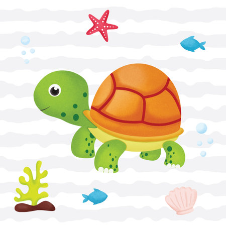 Cute cartoon turtle and sea life. Vector illustration on striped background.のイラスト素材