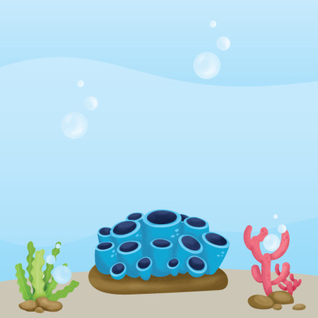 Underwater scene with corals and algae. Vector illustration in cartoon styleのイラスト素材