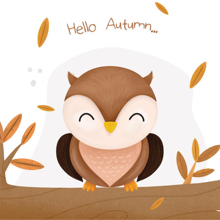 Hello autumn. Cute owl on a branch. Vector illustration.のイラスト素材