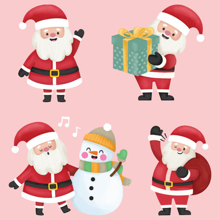 Set of Santa Claus characters with Christmas gifts and snowman. Vector illustration.のイラスト素材