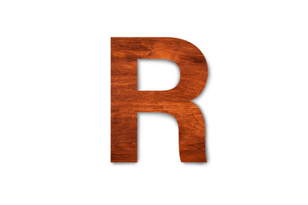 Modern wooden alphabet letter R isolated on white backgroundの写真素材