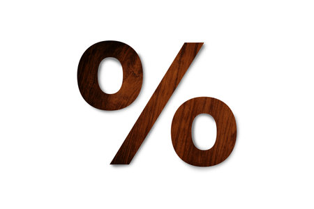 wooden texture percent sign isolated on white background. Clipping path for designの写真素材