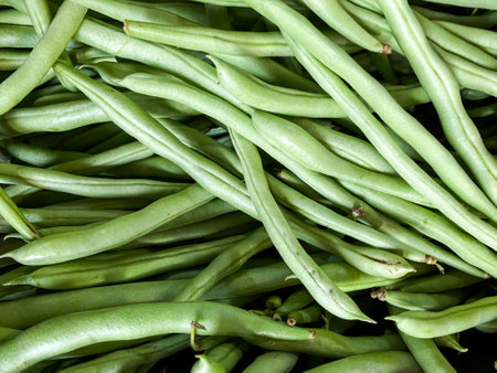 Close-up shot of Organic green Yardlong beans in th marketの写真素材