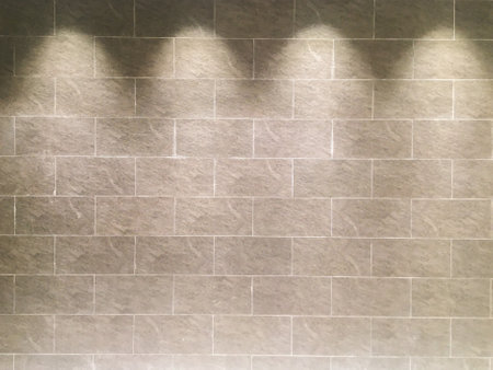 Interior room featuring a brick wall, vintage wooden floor, and four spotlight fixtures, creating a retro ambiance.の写真素材