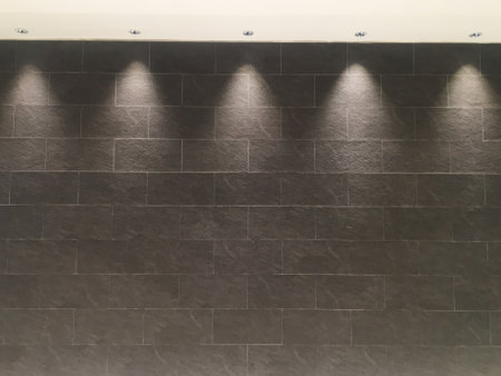 Interior room featuring a brick wall, vintage wooden floor, and four spotlight fixtures, creating a retro ambiance.の写真素材