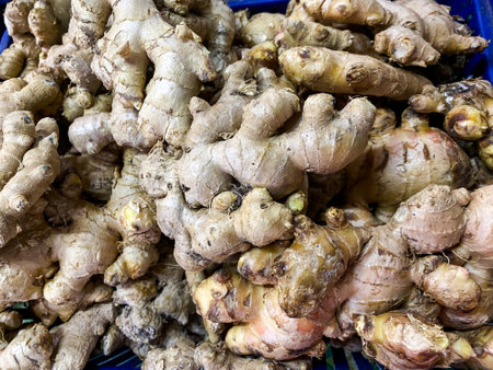 Fresh ginger root texture background.の写真素材