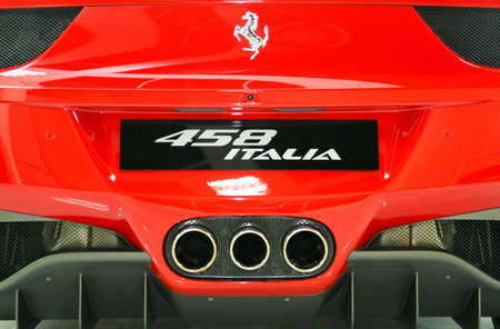 KUALA LUMPUR - DEC 10: Close-up of Ferrari 458  Italia Rear Bumper at the Kuala Lumpur International Motor Show 2010 on DECEMBER 10, 2010 in Kuala Lumpur, Malaysia のeditorial素材