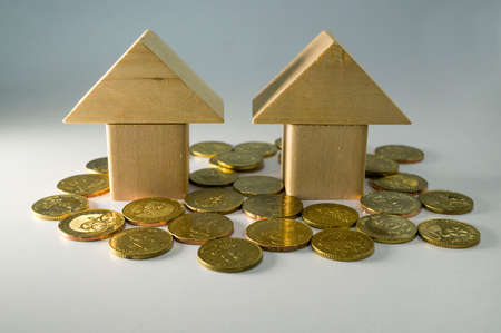 Housing Loan concept. House Wooden Block and coinsの写真素材