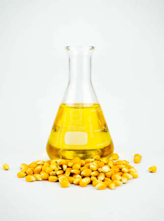 Agriculture concept, Corn generated ethanol bio-fuel with test tubes on white backgroundの写真素材
