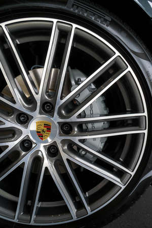 KUALA LUMPUR, MALAYSIA - AUGUST 19, 2017: Big Brake Kit and Rims from Porsche Panamera 4S at showroom in Kuala Lumpur, Malaysia.のeditorial素材