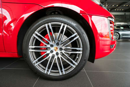KUALA LUMPUR, MALAYSIA - AUGUST 19, 2017: Rims and Tyre from Porsche Macan GTS at the showroom in Kuala Lumpur Malaysiaのeditorial素材