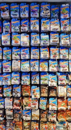 KUALA LUMPUR, MALAYSIA - AUGUST 25, 2018: Hotwheels toys on display at Toys 'r us. Hotwheels is a...