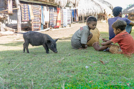 SUMBA, INDONESIA - MARCH 23, 2018: Local on their daily activities at the traditional hut of Ratenggaro at Sumba, East Nusa Tenggara, Indonesiaのeditorial素材