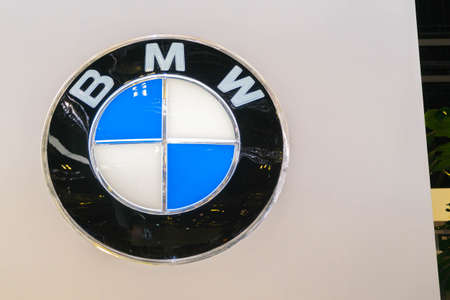 SINGAPORE - JANUARY 12, 2019: BMW logo at the singapore motorshow. BMW is one of the best-selling luxury automakers in the worldのeditorial素材