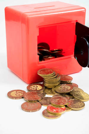 Red safe box and coins