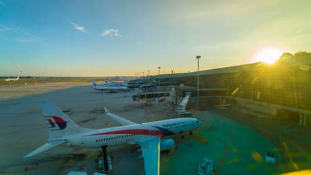 KUALA LUMPUR, MALAYSIA - MAY 6, 2019: Malaysia Airline commercial aircraft at KLIA airport during sunsetのeditorial素材