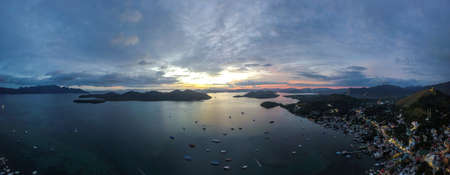 View of Coron City during sunset taken with drone, Busuanga Palawan Philippinesの写真素材