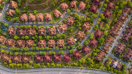 An aerial top down view of luxury residential houses