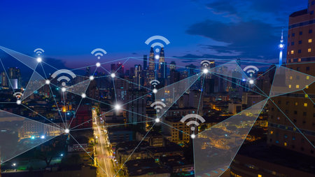 Smart city and communication network concept for 5G, internet of things IOT, big data, wireless speed connection, augmented and intelligent reality. cityscape technology backgroundの写真素材