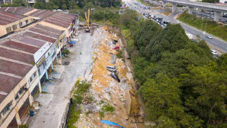 Seri Kembangan, Selangor, Malaysia - Jan 27, 2022: Landslide situation at Lestari Perdana, Seri Kembangan and the surrounding shop lot areaのeditorial素材