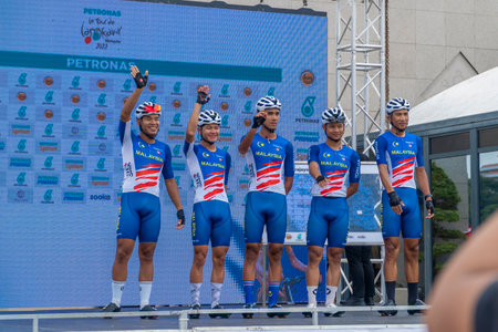 Putrajaya, Malaysia - Oct 13, 2022 - Malaysia Team at the stage registering for Tour de Langkawi race from Putrajaya to Genting Highlandのeditorial素材