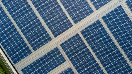 Aerial view of a solar panel photovoltaic with reflection on building roof top. Part of reduce reuse...