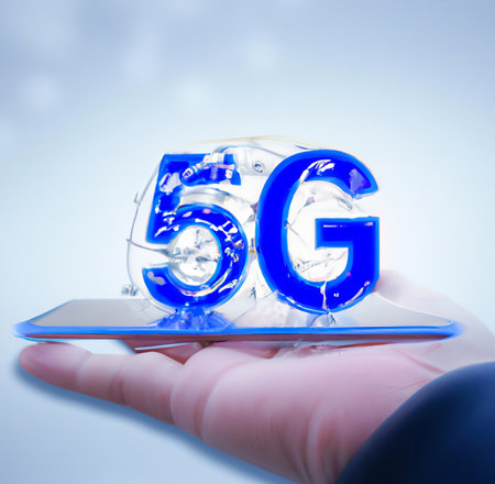 Hand holding smart phone with word 5g for telecommunication and infrastructureの写真素材