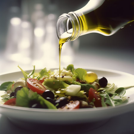 Food photography of drizzle olive oil on michelin restaurant gourmet saladの素材