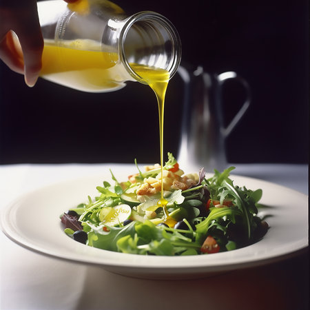 Food photography of drizzle olive oil on michelin restaurant gourmet saladの素材