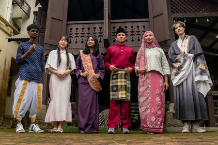 A group of malay people at the wooden house celebrating Hari Raya festiveの写真素材