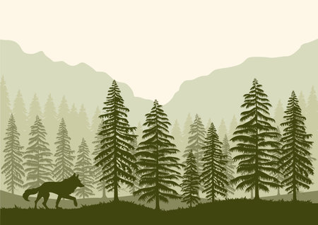 forest landscape and wolf vector illustration with a green silhouette.のイラスト素材