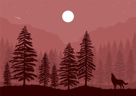 forest landscape with a wolf and full moon at night vector illustrationのイラスト素材