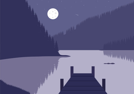 Night landscape with a pier and a lake. Vector illustration in flat style.のイラスト素材