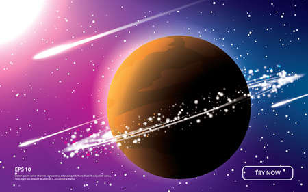 saturnus planet with blue and red color space background vector. Falling meteors under the sun.のイラスト素材
