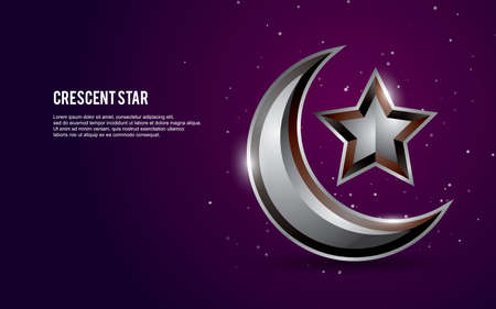 3D islamic crescent and star vector illustration with light and dots on dark purple background.のイラスト素材