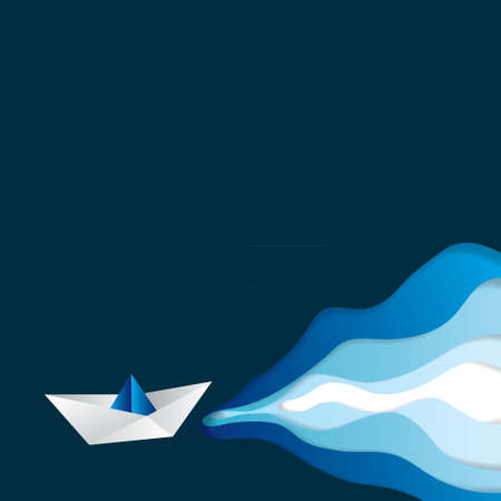 Paper cut cartoon ship trendy craft style. Modern origami design.のイラスト素材