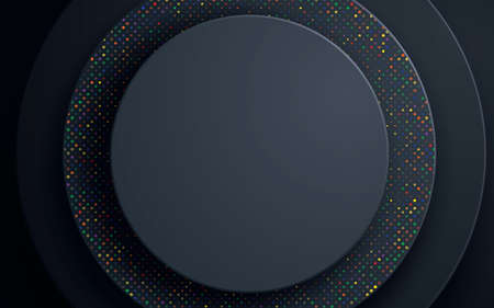 Black circle abstract background with colorful glitters. Circle geometric paper shapes.のイラスト素材