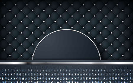 Luxury black leather background. Realistic buttoned leather textured with circle shape and silver list. vector illustrationのイラスト素材