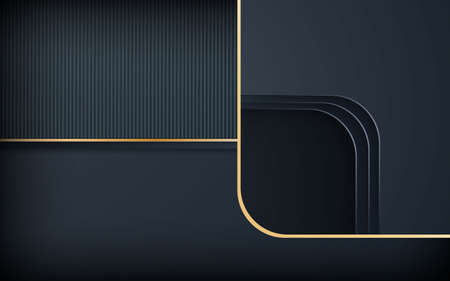 Black Background. Abstract realistic rounded layered decoration textured with golden list. 3D backdrop. Modern design vector illustration. Cover layout template.のイラスト素材