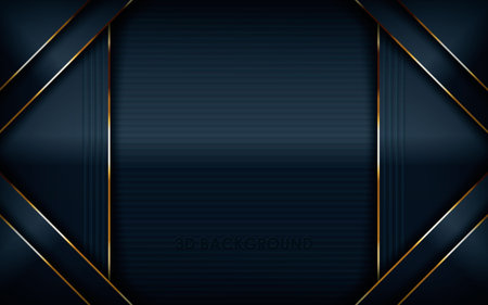 Dark overlap layers abstract background. Modern shape with light golden line element decoration. Realistic dimension design vector illustration.のイラスト素材